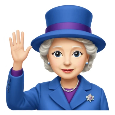 Queen Elizabeth II emoji, waving hand, blue hat and coat sticker