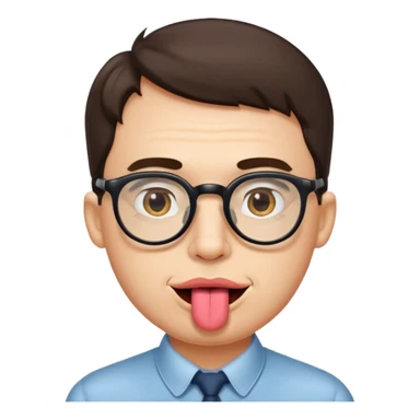 a bespectacled man with a tongue in cheek sticker
