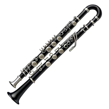 Create an emoji, representing a black standard clarinet. The design should feature a smooth, glossy black body of the clarinet with shiny, silver keys clearly visible. Highlight the intricate details of the mouthpiece and reed at the top, while the body of the instrument should remain simple and elegant. Add subtle musical notes or soundwaves floating around the instrument to symbolize its clear, melodic sound. Use black for the body, silver for the keys, and soft lighting effects to give the instrument a polished, sophisticated look. The background should be transparent. sticker