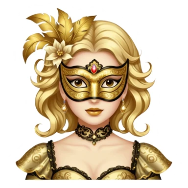 A woman in an ornate gold masquerade mask and elegant outfit, holding the mask delicately. sticker