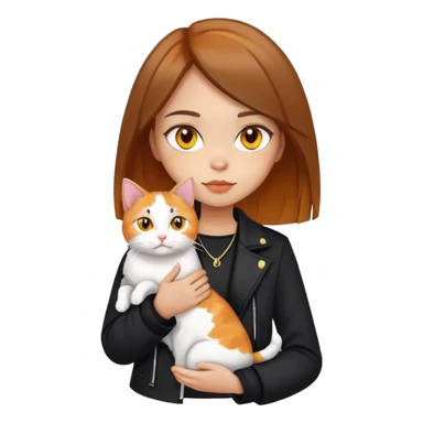 Light-skinned girl with brown straight hair wearing a black jacket, holding one pure white cat with yellow eyes and one calico cat with orange and black patches sticker