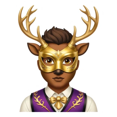 a man, with a vest,  wear half-face golden Deer masquerade mask sticker
