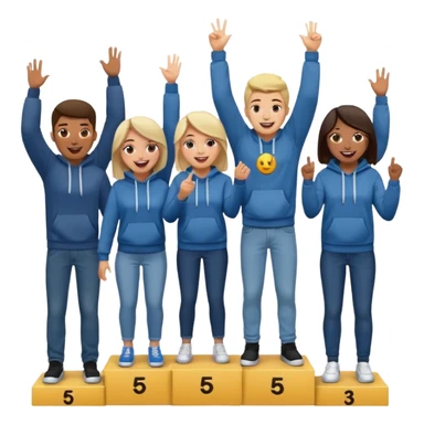 five casually dressed, multi-racial people on a winners’ podium, no numbers, all in jeans and hoodies, excited, fun, expressive emoji style sticker