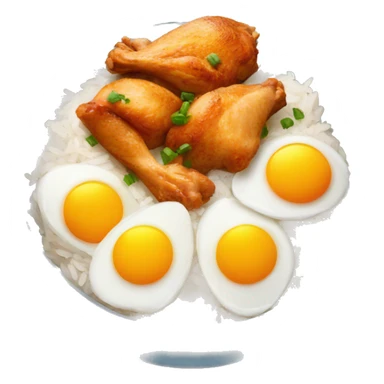 a bowl of rice with two eggs and chicken thigh sticker