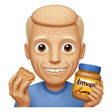 White man, barely any hair, lots and lots of wrinkles, bad yellow teeth, and peanut butter sticker