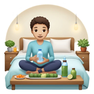 A person in the sun, with a plate of whole foods, water bottle, and glowing bed behind them. Nearby, smiling friends gather—symbolizing balance, healing, and connection through simple daily rituals. sticker