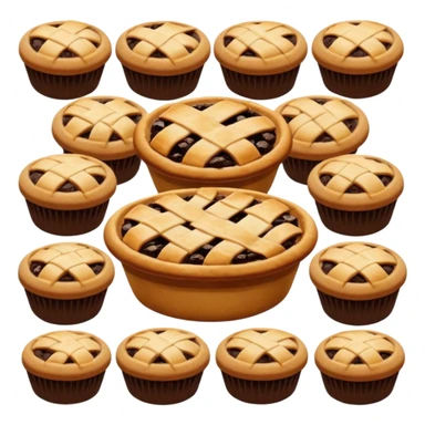 Baking community avatar in clean emoji-style illustration. Pies, cookies, and muffins grouped together, warm golden tones, simple shapes, flat design, high contrast, cozy and friendly. sticker