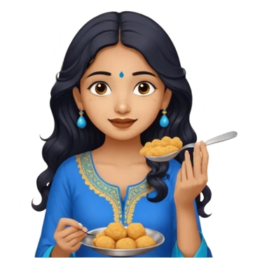 a pretty tan indian bratz girl with wavy long BLACK hair. eyeliner on, wearing a blue kurti, eating golgappa (without spoon) sticker