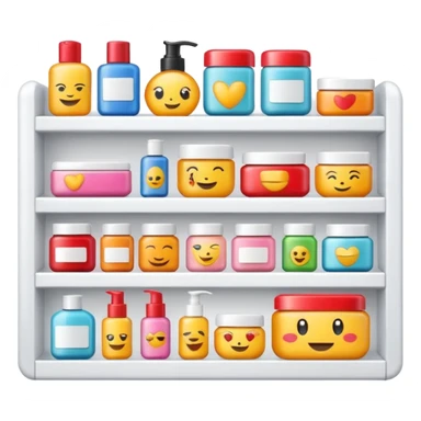 emoji of front view beauty product shelf with last item with brand label sticker