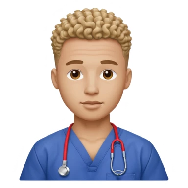 Ripped, athletic man with thick neck, high top fade with no part, curly hair only top only, no shirt and show waistline up add scrubs sticker