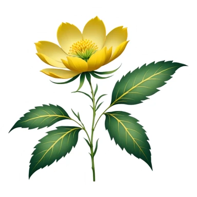 Japanese style Fukujuso (Adonis amurensis) flower in ukiyo-e inspired design, bright golden-yellow petals, green feathery leaves, traditional composition on subtle rice paper texture sticker