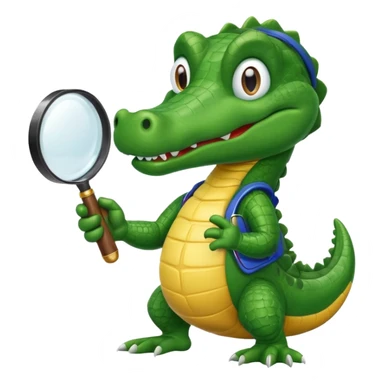 A green academic cartoon gator with a magnifying glass on a light background sticker