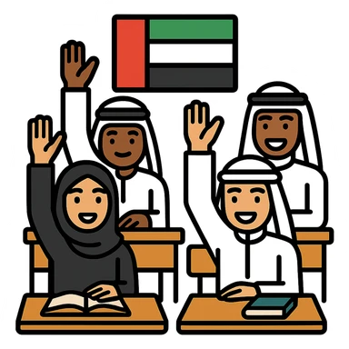 Transform the group of students to have an Emirates theme, with diverse students in traditional Emirati attire and the UAE flag present, showing class participation, with no background. sticker