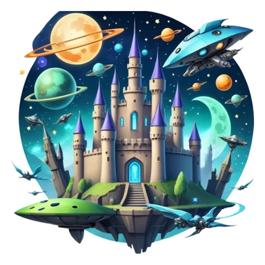 Icon for Fantasy and Sci-Fi Movies: A magical collage with flying dragons. futuristic spaceships and UFOs. Stars and planets shimmer in the background with a mystical castle Hogvards an ancient wizard and robots. The atmosphere is epic, otherworldly and adventurous. Transparent background. sticker