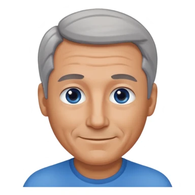 Middle aged man with tanned skin, receding dark grey hair and no beard, blue eyes, shy smile sticker