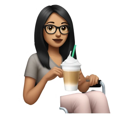 A young woman with straight black hair, light skin, and dark brown eyes sits in a black wheelchair. She has a light pink hearing aid, large black glasses, and a small mole by her right lip. Holding an iced coffee, she exudes a calm, stylish vibe. sticker