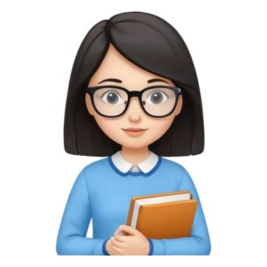 cute girl, glass, smart, Sky-blue colored clothing,
holding a book in one arm and a pen in the other hand.Holding a pen in the right hand as if teaching.Wearing black glasses, with a smart and bright-looking face. sticker