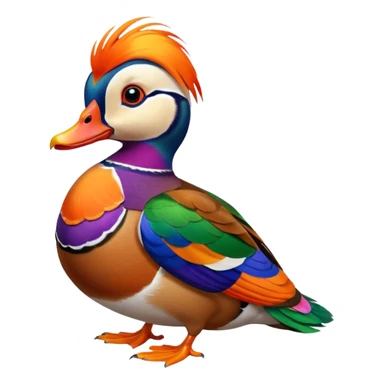 Hyperrealistic,, insane detail, 8k male Mandarin Duck,  layered feathers brightly colored plumage marked by bright orange, green, red, yellow, and purple, still life render 4k. No emoji icons, no emoji faces  sticker