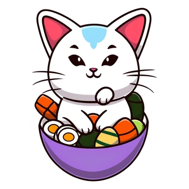 cat sitting in a decorated Easter egg made of sushi, colorful Easter patterns on the sushi egg sticker