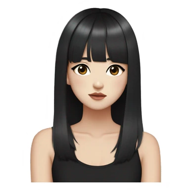 Korean girl, black tank top, black hair, black eyes, layered hair, cool girl, aesthetic, long hair, hime cut, blunt bangs, small silver hoop earrings sticker