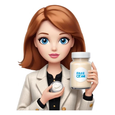 A Barbie girl with blue eyes, shoulder-length reddish-brown hair, made-up, in a white tweed jacket and black skirt, holding a jar of pale beige face cream sticker