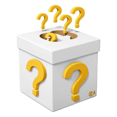 white cube shaped box printed with "q&a" over stuffed with yellow question marks sticker