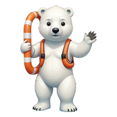 full body friendly anthropomorphised polar bear wearing swim suit and scuba goggles holding life buoy standing in puddle sticker