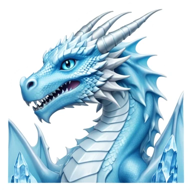 Cinematic Noble wise elegant Ice Dragon full body  Emoji, Poised and imposing, distinct long elegant snout, with a slender, scaled body shimmering in glacial hues of icy blue, frostbitten silver, and crystalline white, breathing out frost, with piercing, glowing ice blue white eyes that radiate the chilling depths of an arctic storm; rendered in detail. excuding wisdom sticker
