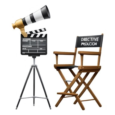 Icon for Directing: a director's chair, a film slate, a megaphone, and a stage set with lights. The icon should represent the creative and leadership aspects of directing, with focus on film and theater production. Transparent background. sticker