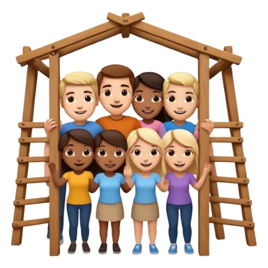 friends assembling a structure, cheerful expressions sticker