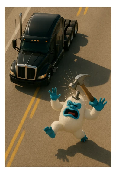 Make the scene lighter and show the hammer actively hitting the abominable snowman on the head, realistic top-down view, no text. Maintain a realistic style with clear lighting and dynamic action of the hammer hitting the snowman. sticker