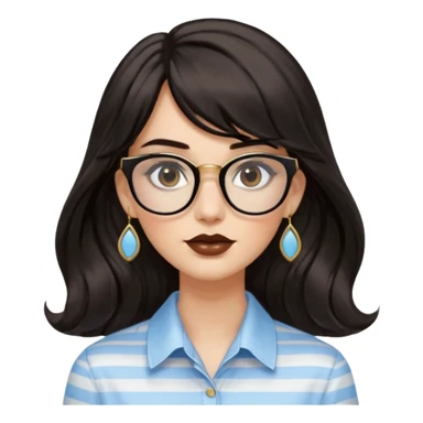 An emoji featuring a woman with long wavy dark brown hair and a whispy bang, wearing thick black square glasses, gold drop earrings. She has long lashes and a nude browny glossy lipstick. She's wearing an oversize light blue shirt with white vertical strips. sticker