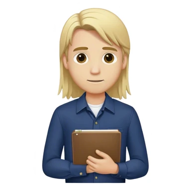 Guy with long straight blonde hair and navy button up holding a notebook sticker