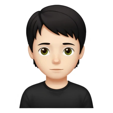 A boy with dark black hair and hazel green and brown eyes and white skin , with freckles and black t shirt with middle part hair hair with a center part haircut  sticker