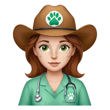 Pale Woman with brown hair and green eyes and freckles on her cheek bones wearing scrubs that have a paw print logo on the scrubs  and a cow girl hat sticker