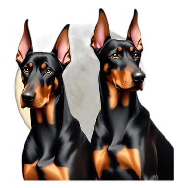 Two dobermans sitting no cropped ears with big moon sticker
