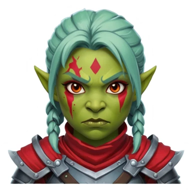 Fantasy Christmas orc legion soldier icon, iron tundra army theme, heavy winter armor, disciplined brutal look, dark icy steel armor with bold crimson cloth and markings, cold blue shadows, high contrast, clean emoji portrait style, female variant sticker