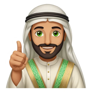 "Tanned Arab Saudi man with green eyes and a beard, wearing an agal and traditional attire, smiling happily and giving a big thumbs-u sticker