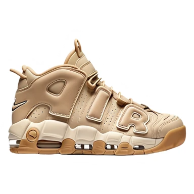 Clean iOS-style emoji of a pair of beige Nike Air More Uptempo sneakers, with left and right shoes arranged with one slightly behind the other, simple minimal design with subtle shadows sticker
