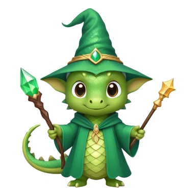 A cute dragon wearing a pointed wizard hat and robes, holding a magic wand sticker