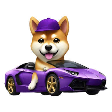 shiba inu with purple hat, with gold chain, sitting on top of a purple Lamborghini  sticker
