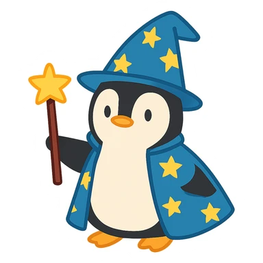 flat toon style penguin wizard with a starry hat sticker
