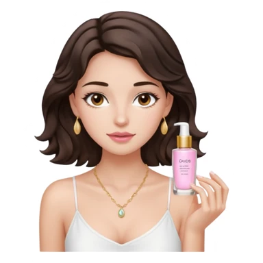 generate a pretty fair bratz girl with dark brown eyes. Dark brown hair wavy hair. light pink lipgloss. white cami top. doing skincare. Dainty gold necklace sticker