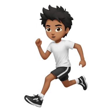 generate a pretty bratz brown skinned boy with black messy hair wearing a white tshirt and black running shorts. running on the street with white sneakers sticker