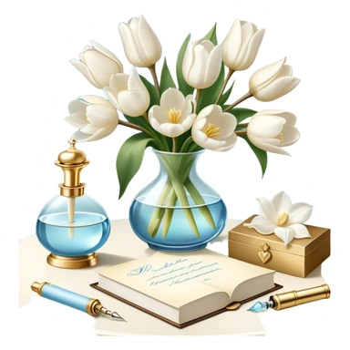 A luxurious still life featuring an ornate glass perfume bottle with a golden atomizer, a handwritten love letter, and a bouquet of white magnolias and pale blue tulips, with a pearl ribbon cascading over the table.
 sticker