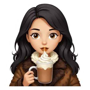 Tanned Girl with lashes , bright black long hair, in an extremely big fluffy brown fur mustang, and drinking hot chocolate drink sticker