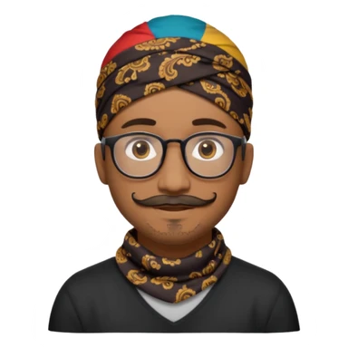 A friendly person with medium-brown skin, large warm brown eyes, thin rectangular glasses, a short mustache and small goatee, wearing a black paisley bandana. Rounded face, calm slight smile. Head-and-shoulders emoji style, bold outlines, simple shapes, bright colors, transparent background. sticker