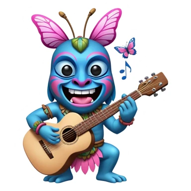 Pixar style little Cartoon Blue and pink tiki singing with a butterfly and playing a guitar, ultra detailed and lifelike imagery sticker
