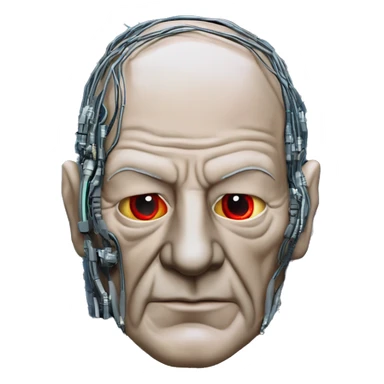 Jean luc picard from Star Trek assimilated by the Borg, with mechanical metal covering the left side of his face, with wires and a red light on the left side. His eyes are blue sticker