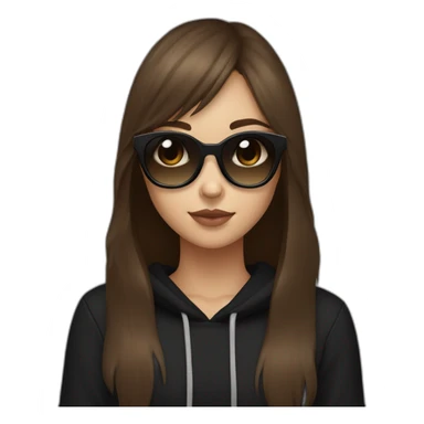 a girl with brown medium hair and with long bangs to eyes, Brown eyes; she have a black cat in hands; she have a black square sunglasses; she's wearing a black hoodie sticker